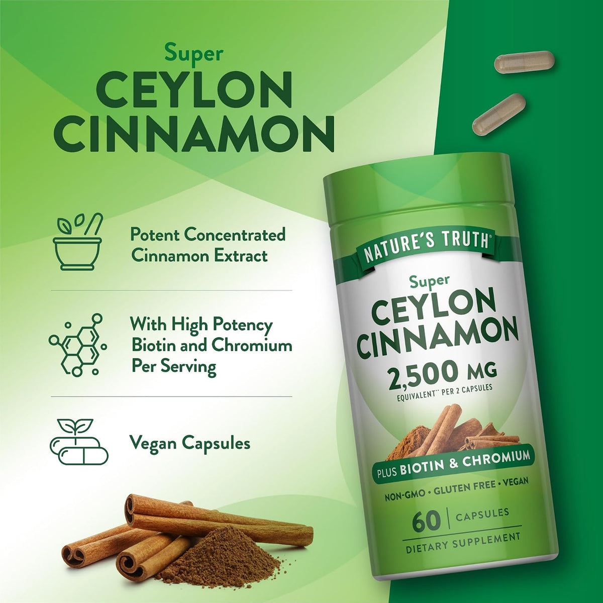 Nature's Truth Ceylon Cinnamon Capsules | Plus Chromium and Biotin