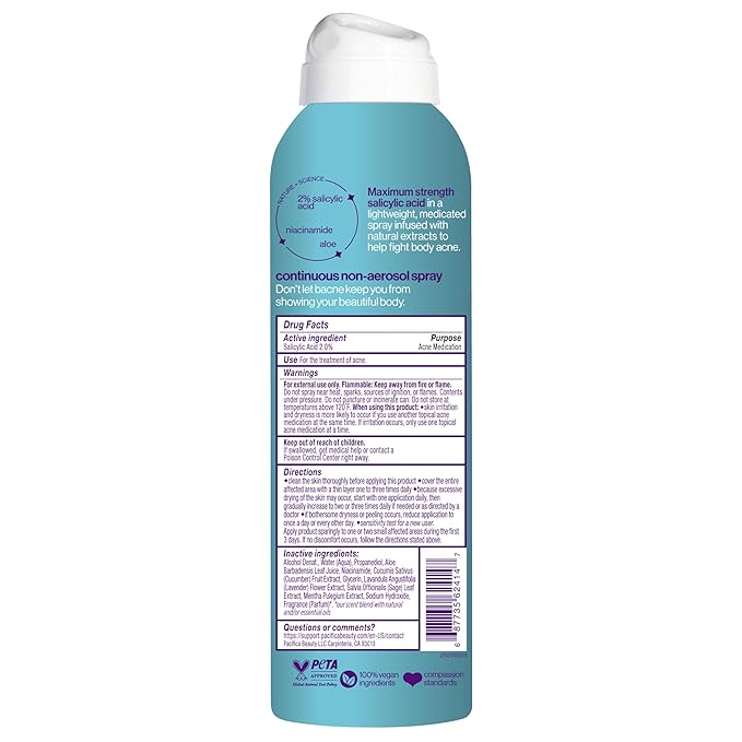 Pacifica Bacne Warrior Acne Fighting Spray for Back and Chest Acne, 6 oz