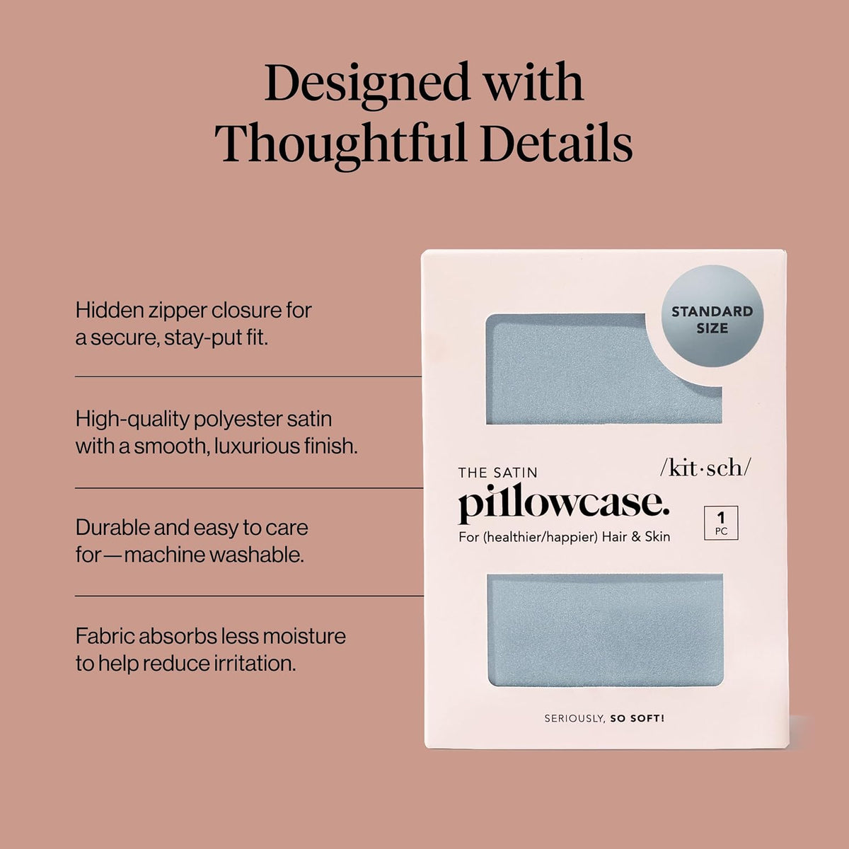Kitsch Satin Pillowcase with Zipper Standard Size Haze Blue