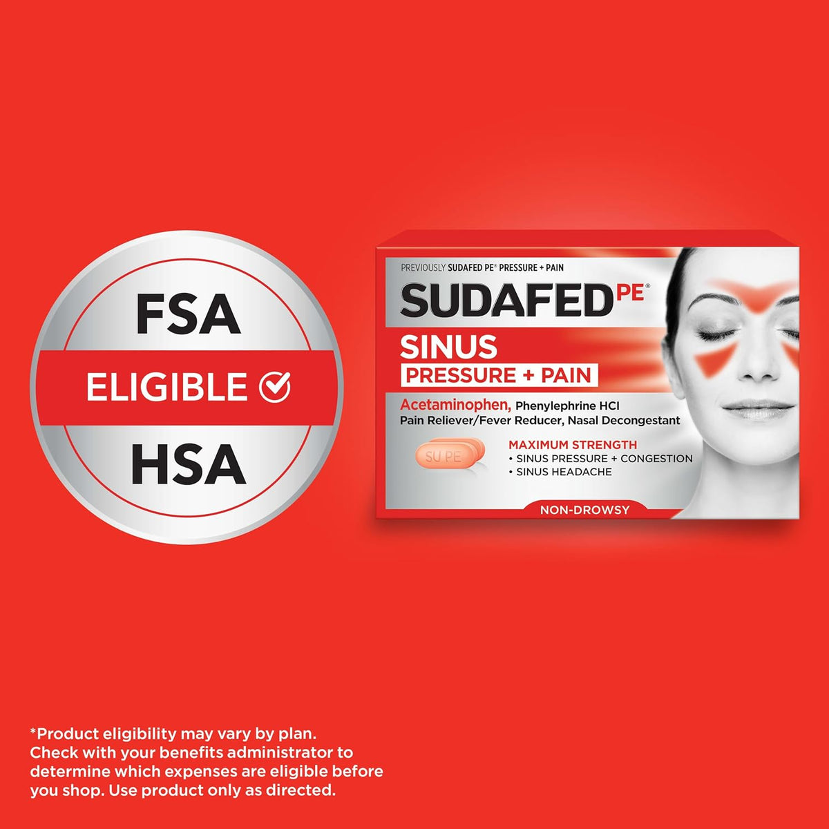 Sudafed PE Sinus Pressure + Pain Relief Tablets, Non-Drowsy, 24 Ct