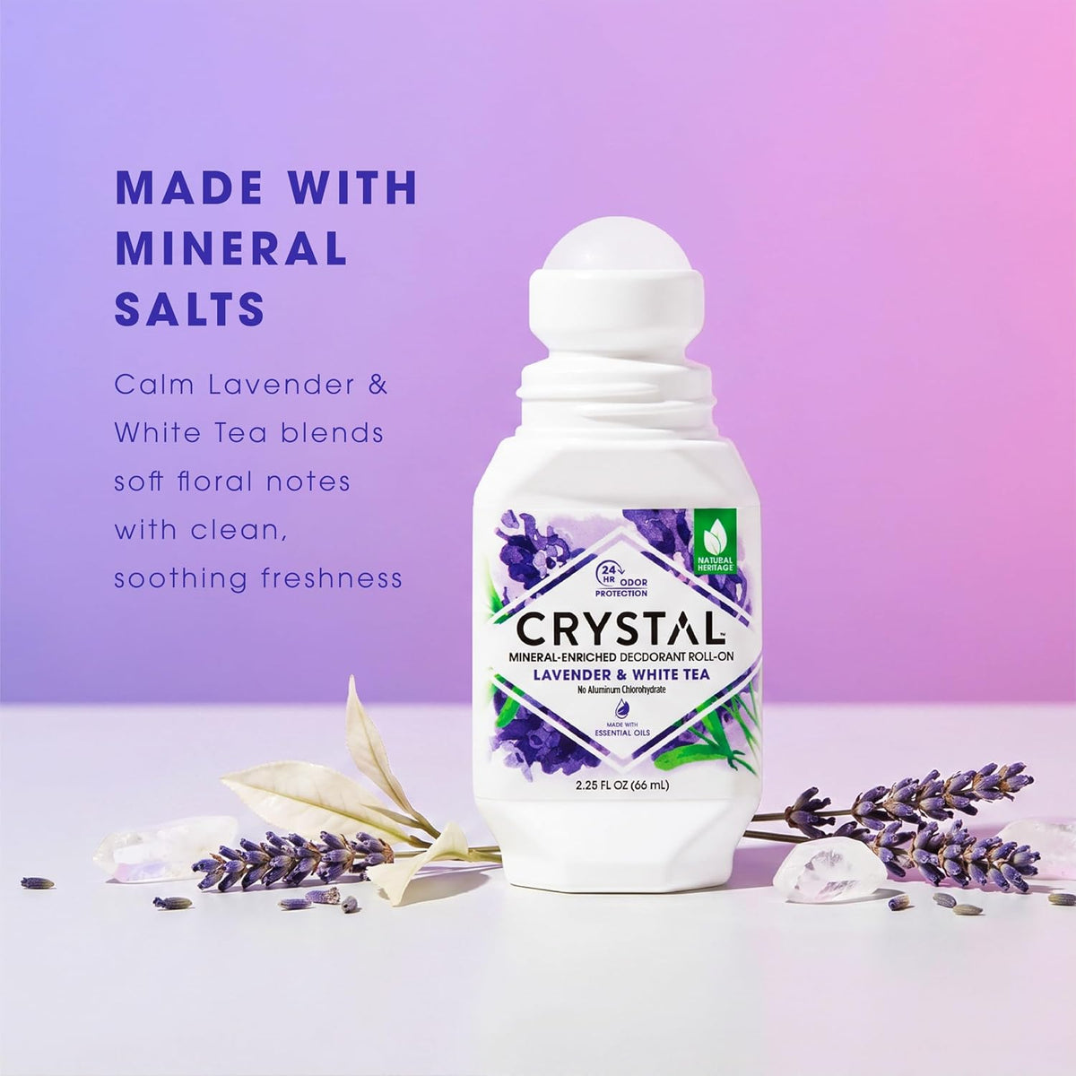 Crystal Mineral Deodorant Roll-On, Lavender & White Tea, Purple, 2.25 Fl Oz
