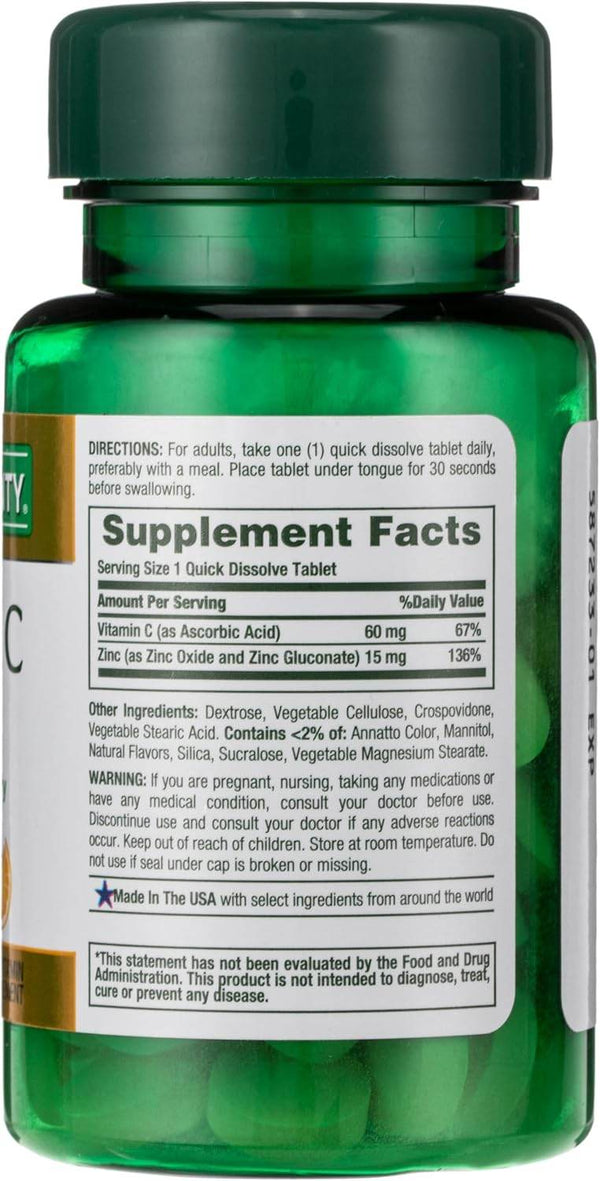 Nature's Bounty Vitamin C + Zinc, Quick Dissolve Tablets, 60 ea - OTC Shoppe Express