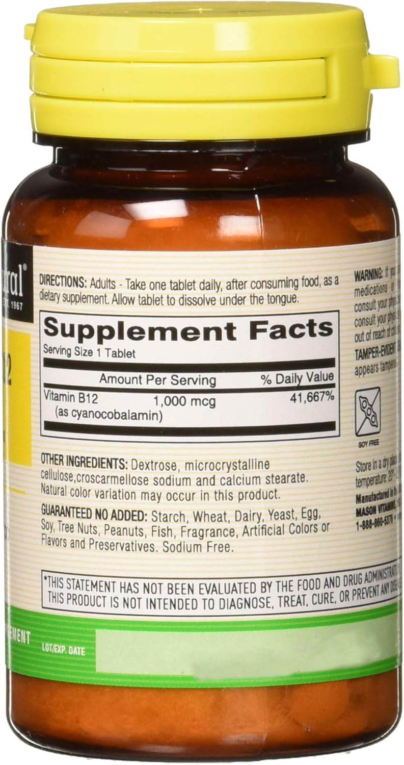 Mason Natural Vitamin B-12, 1000 mcg, Sublingual Tablets, 100 ea - OTC Shoppe Express