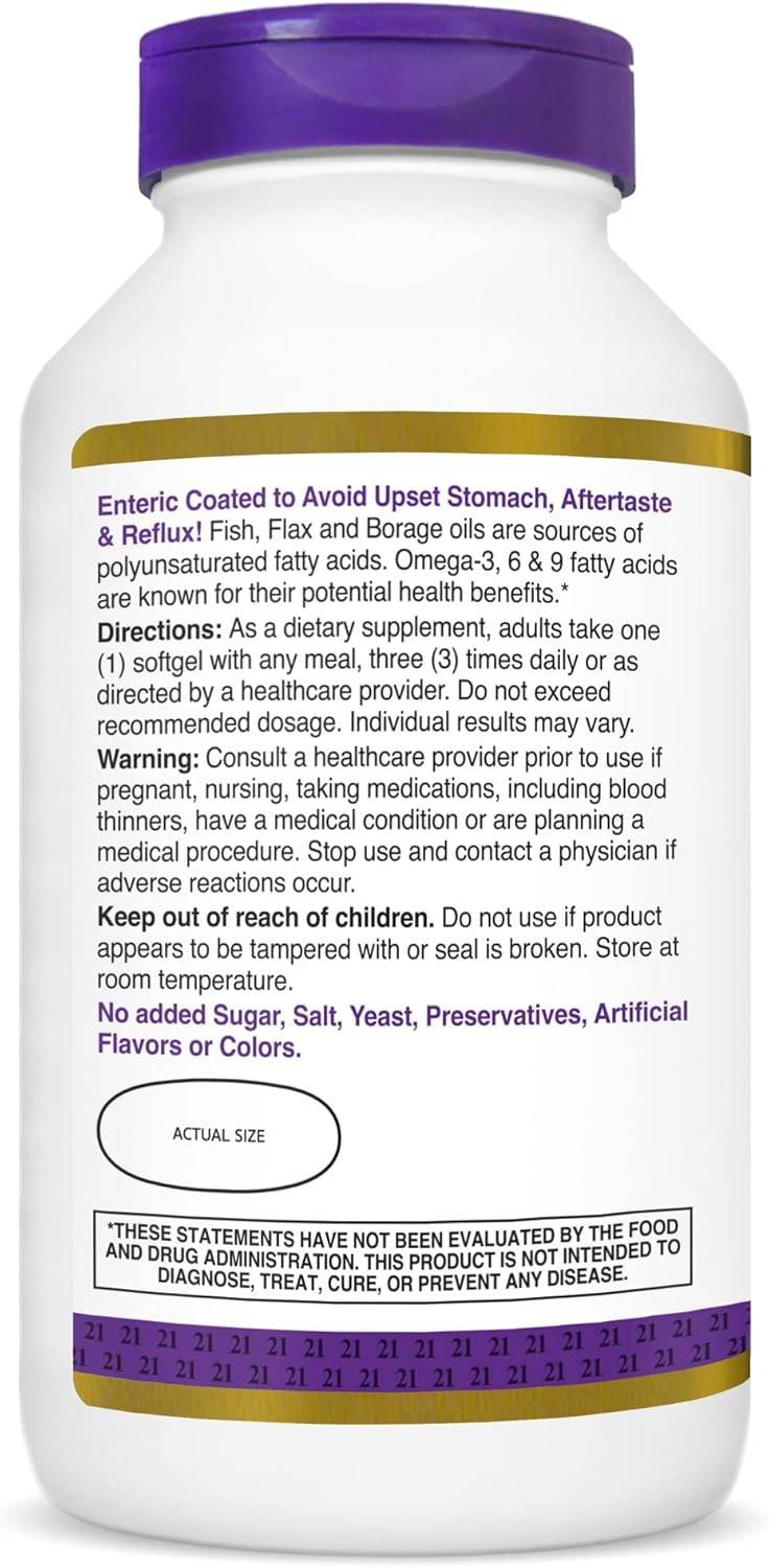 21st Century Enteric Coated Triple Omega Complex 3-6-9, Softgels, 180 ea - OTC Shoppe Express