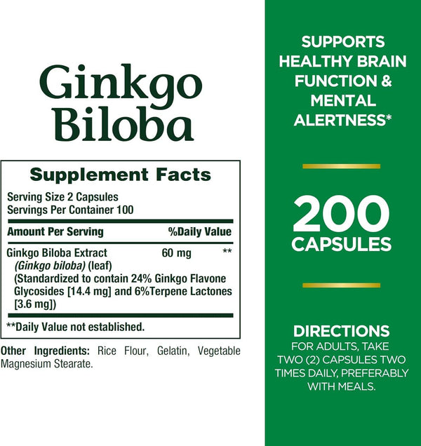 Nature's Bounty Ginkgo Biloba, 60 mg, Capsules, 200 ea - OTC Shoppe Express