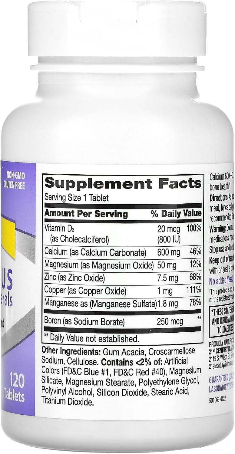 21st Century 600 + D3 Plus Minerals, Tablets, 120 ea - OTC Shoppe Express