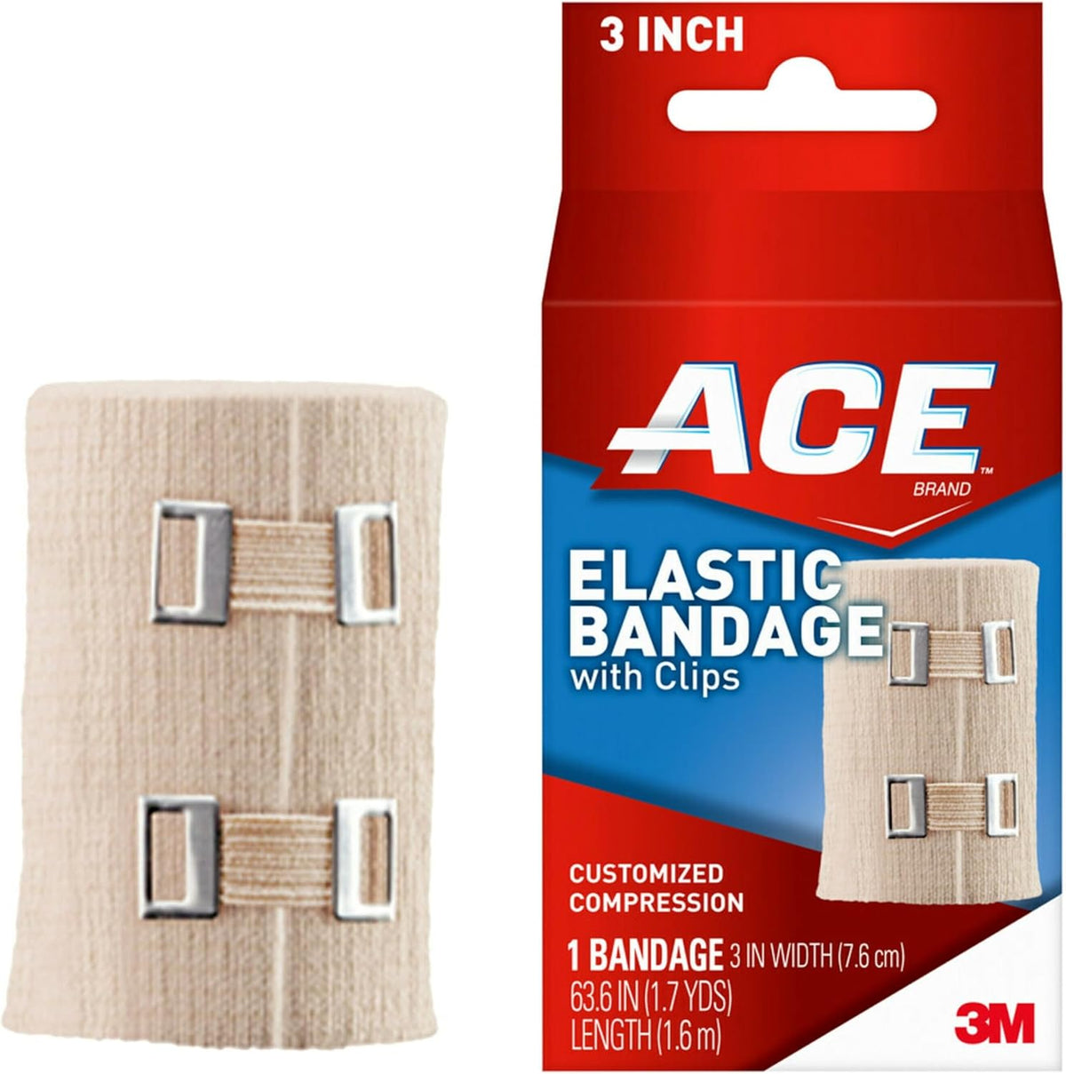 ACE 3 Inch Elastic Bandage with Clips, Beige, Great for Elbow, Ankle, Knee and More, Ideal for Sports, Comfortable design with soft feel, Wash