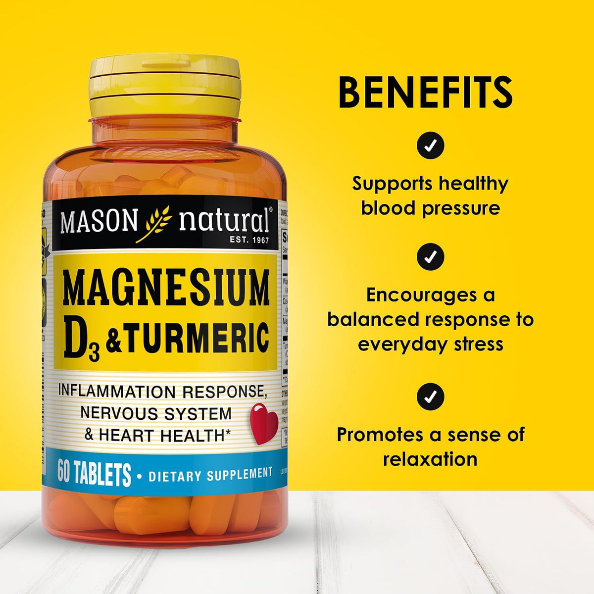 MASON NATURAL Magnesium & Vitamin D3 with Turmeric, 60 Day Supply
