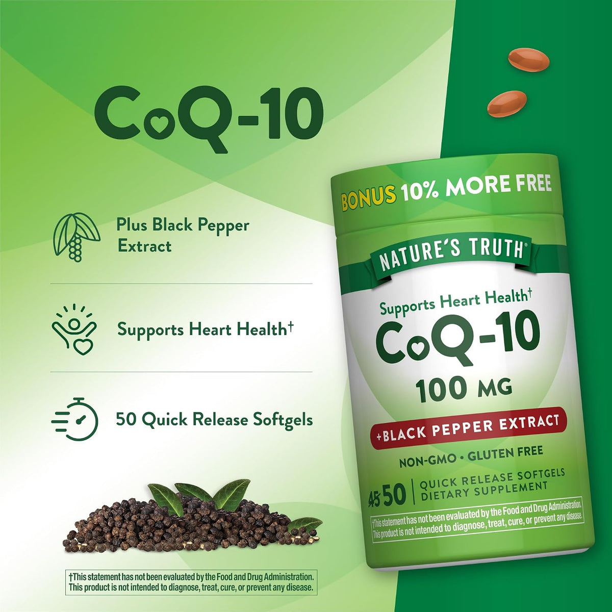 Nature's Truth CoQ10 100mg | 50 Softgels | Plus Black Pepper Extract