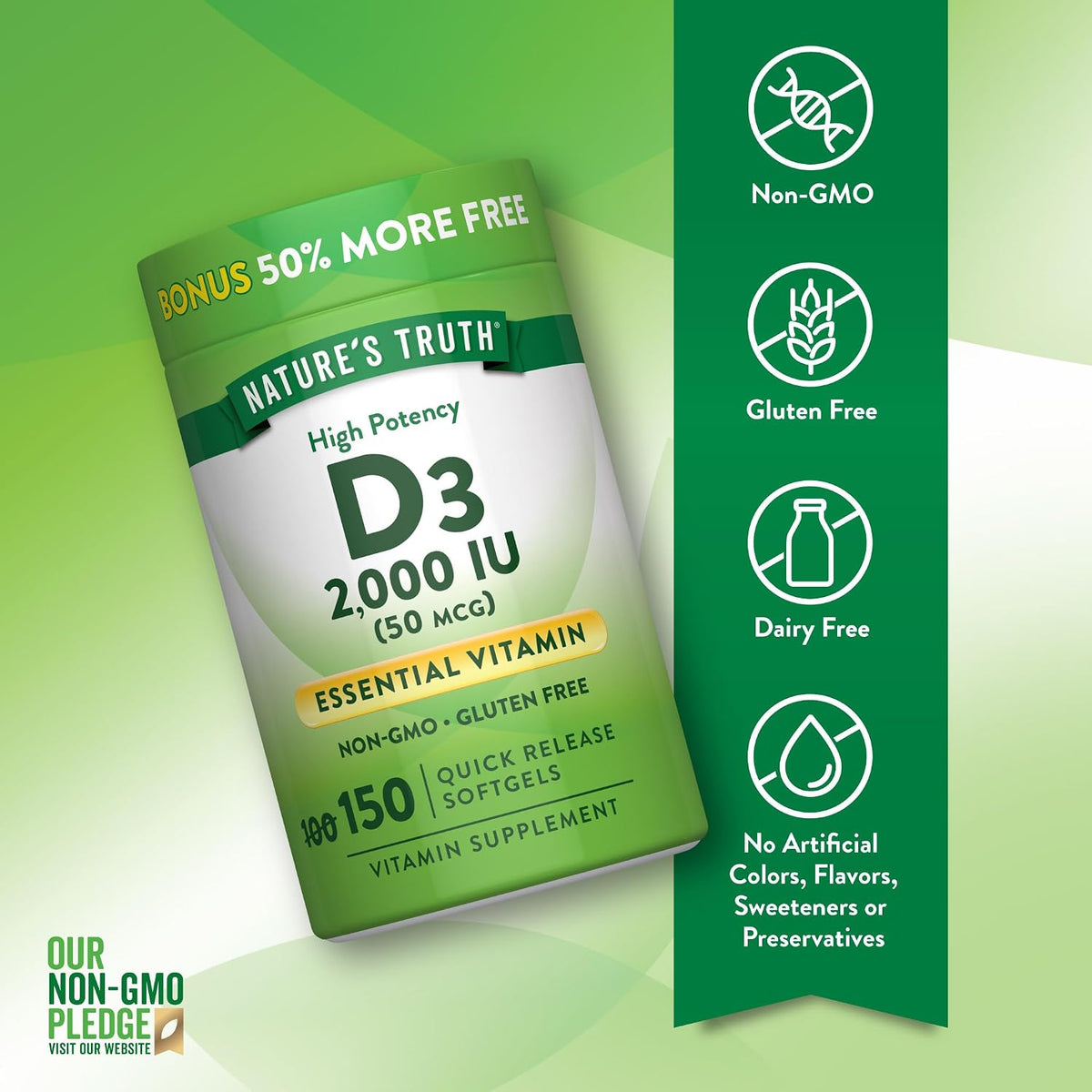 Nature's Truth Vitamin D3 2000 IU Softgels for Adults | 150 Count