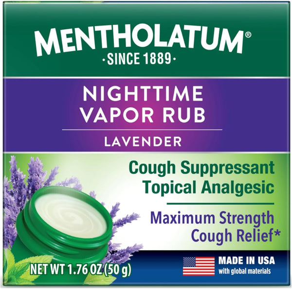 Mentholatum Nighttime Vaporizing Rub, Lavender Scent, Maximum Strength Cough Suppressant, Topical Chest Rub & Analgesic Ointment, Soothing Vapors