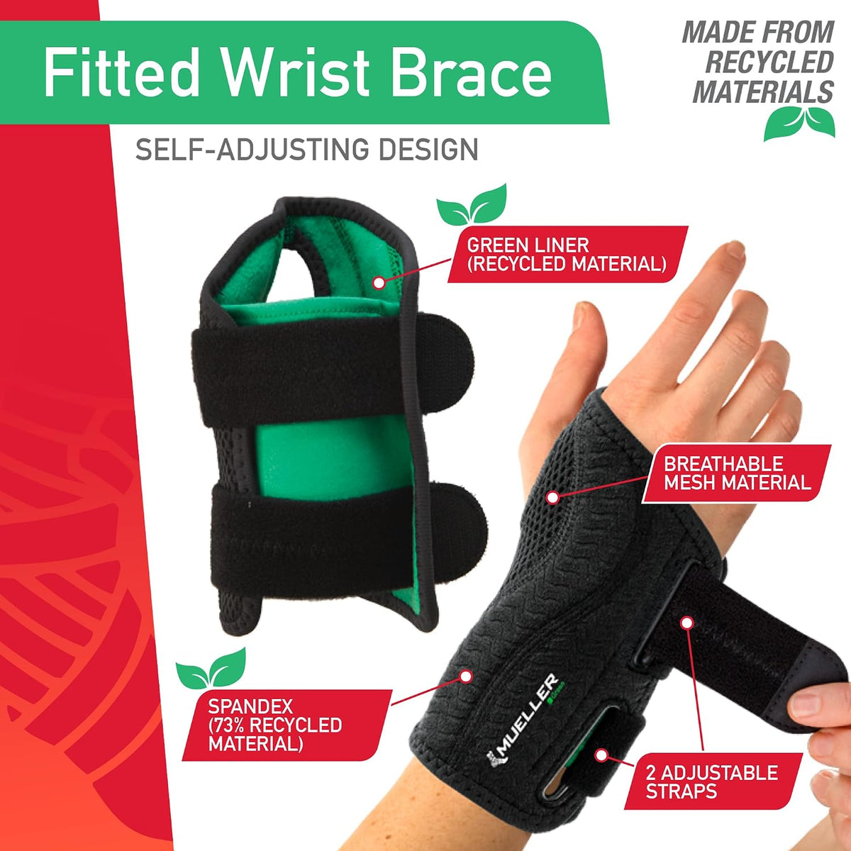 MUELLER Sports Medicine Green Fitted Wrist Brace for Men and Women, Wrist Pain Relief Support, Ideal for Carpal Tunnel, Tendonitis, Arthritis, Left