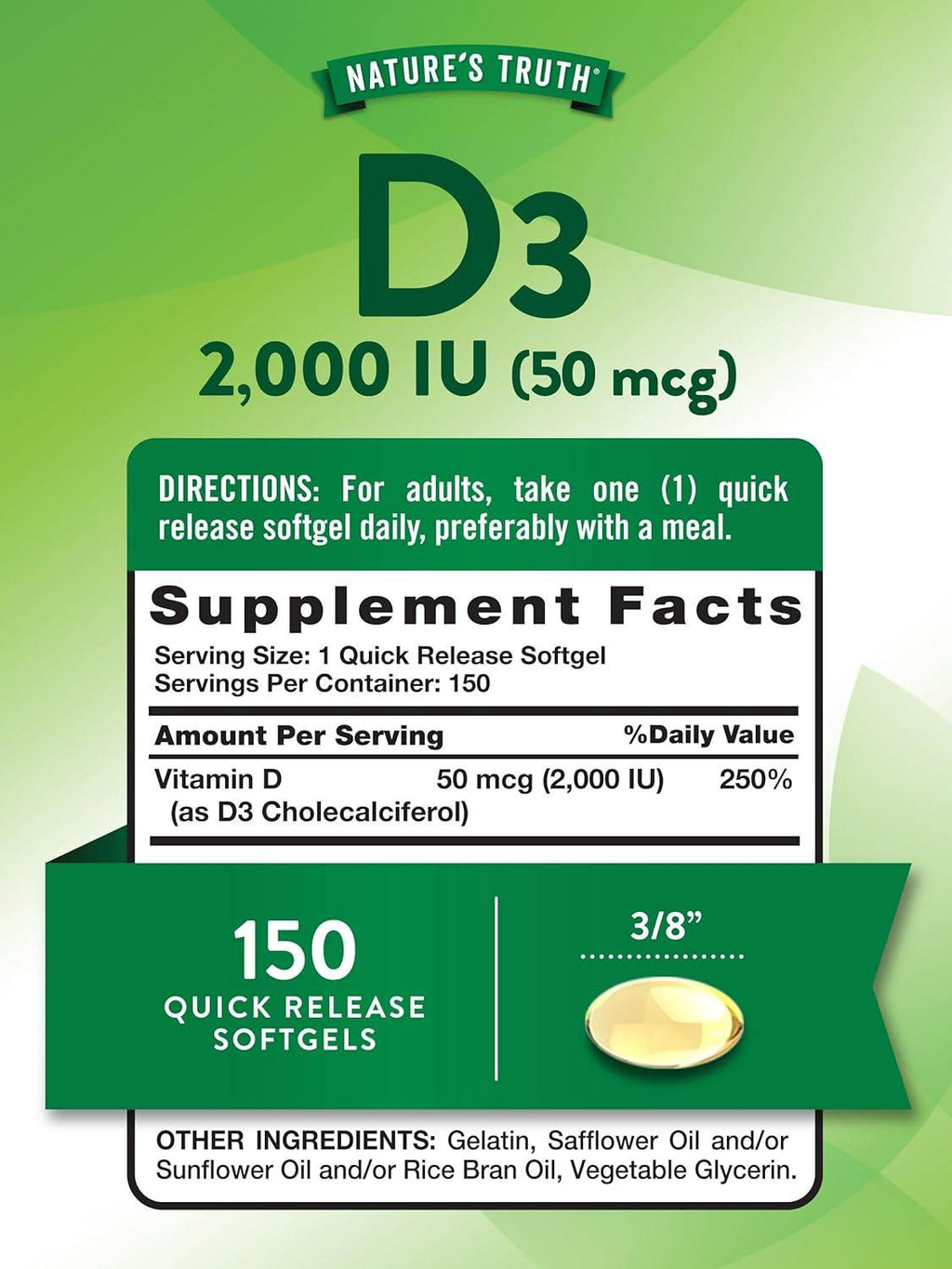 Nature's Truth High Potency Vitamin D3, 2000 IU, Quick Release Softgels, 150 ea - OTC Shoppe Express
