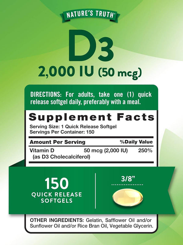 Nature's Truth High Potency Vitamin D3, 2000 IU, Quick Release Softgels, 150 ea - OTC Shoppe Express