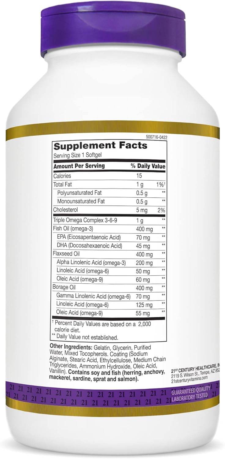 21st Century Enteric Coated Triple Omega Complex 3-6-9, Softgels, 180 ea - OTC Shoppe Express