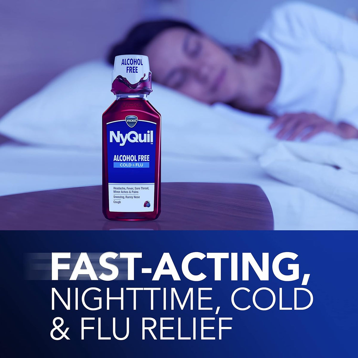 Vicks NyQuil, Alcohol Free, Cough, Cold & Flu Relief, Sore Throat, Fever & Congestion Relief, Berry, 12 Fl Oz