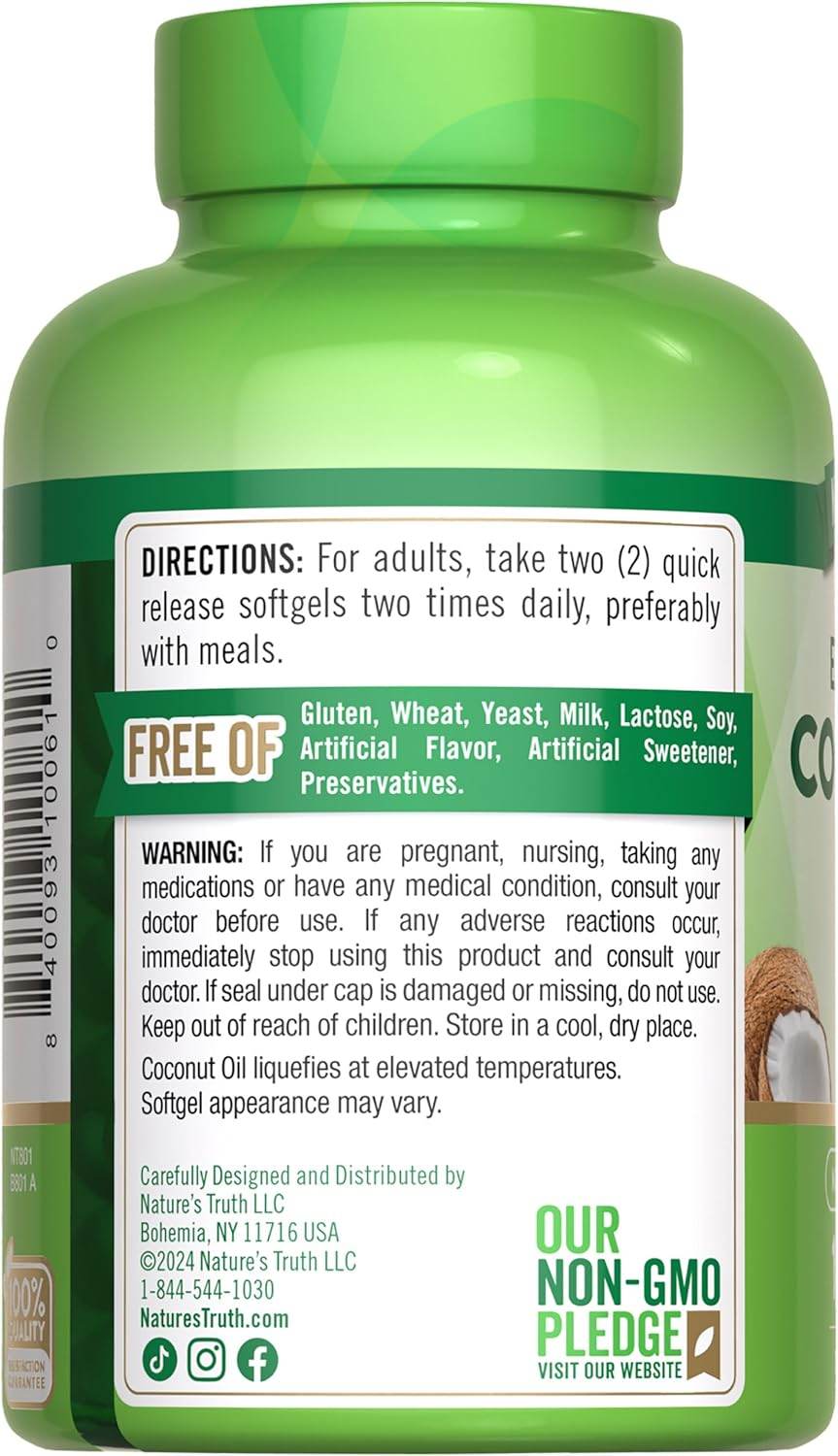 Nature's Truth Vitamins Coconut Oil, 1000 mg, Quick Release Softgels, 100 ea - OTC Shoppe Express