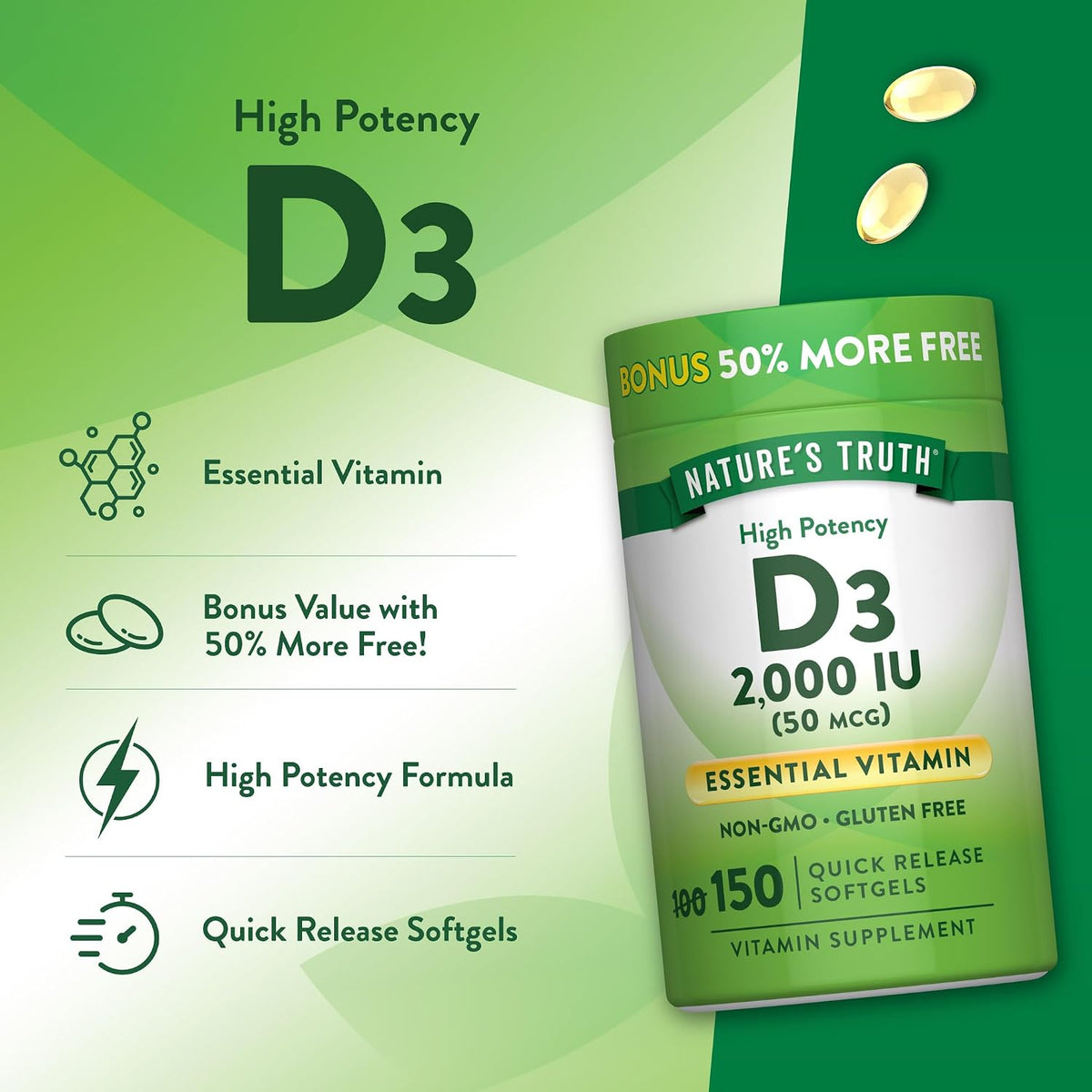 Nature's Truth Vitamin D3 2000 IU Softgels for Adults | 150 Count