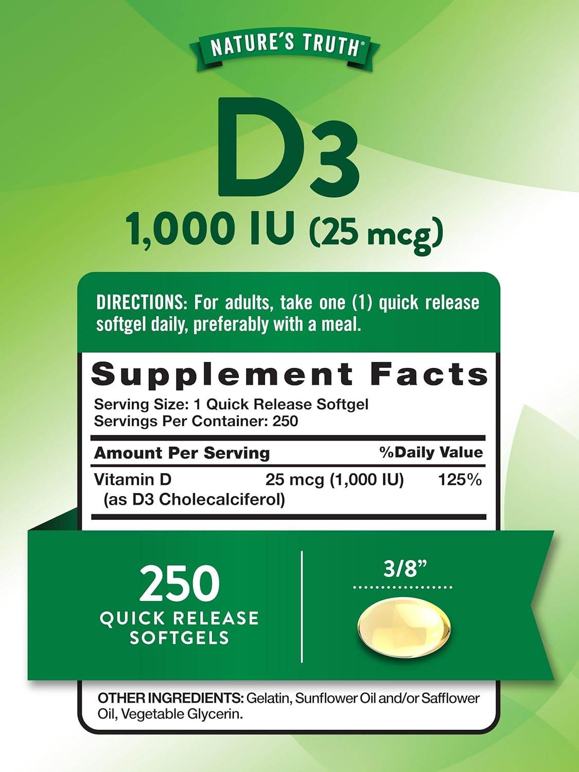 Nature's Truth Vitamin D3, 1000 IU, Vitamin Supplement, Softgels, 250 ea - OTC Shoppe Express