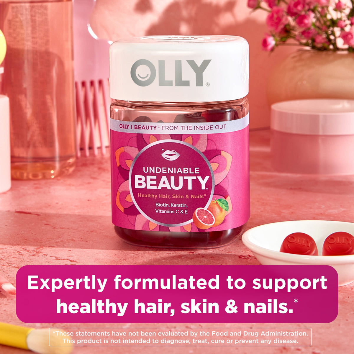 OLLY Undeniable Beauty Gummies, Biotin, Keratin, Supplement for Hair, Skin, Nails, 60 Count