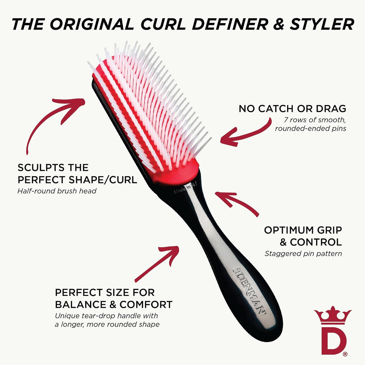 Denman D3 Original Curl Definer and Styler Curly Hair Brush 7 Row