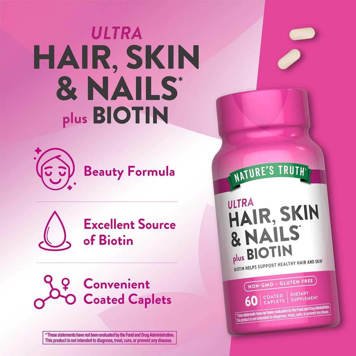 Nature's Truth Hair Skin and Nails | 60 Caplets | Plus 5,000 mcg Biotin