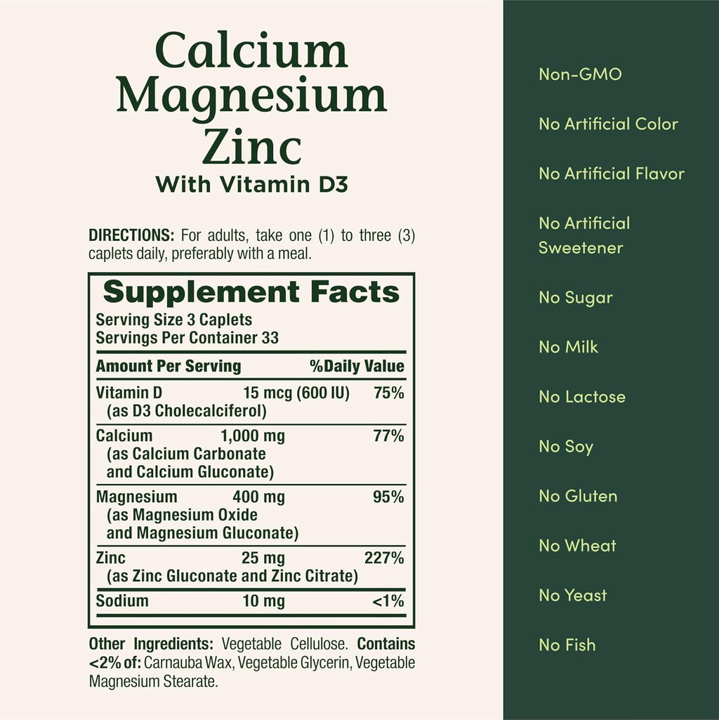 Nature's Bounty Calcium Magnesium & Zinc Caplets, 100 Count