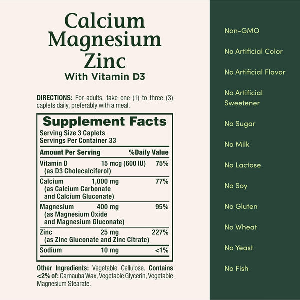 Nature's Bounty Calcium Magnesium & Zinc Caplets, 100 Count