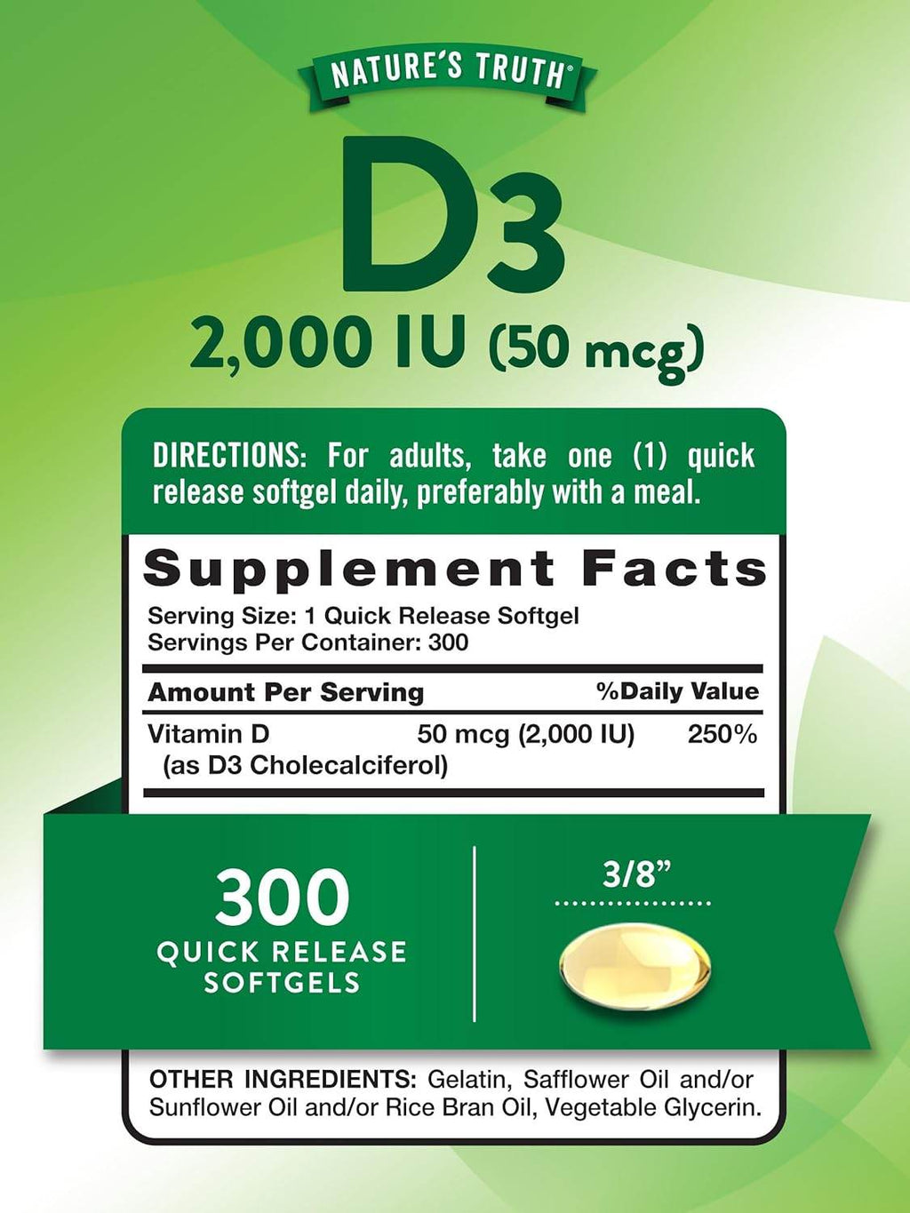 Nature's Truth High Potency Vitamin D3, 2000 IU, Quick Release Softgels, 300 ea - OTC Shoppe Express