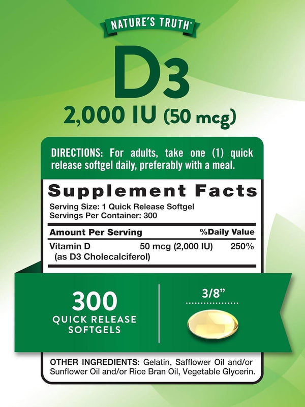 Nature's Truth High Potency Vitamin D3, 2000 IU, Quick Release Softgels, 300 ea - OTC Shoppe Express