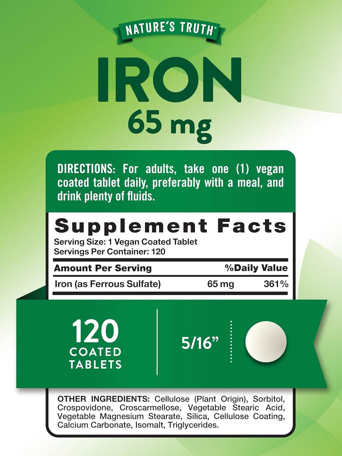 Nature's Truth Iron, 65 mg, Ferrous Sulfate, Coated Tablets, 120 ea - OTC Shoppe Express