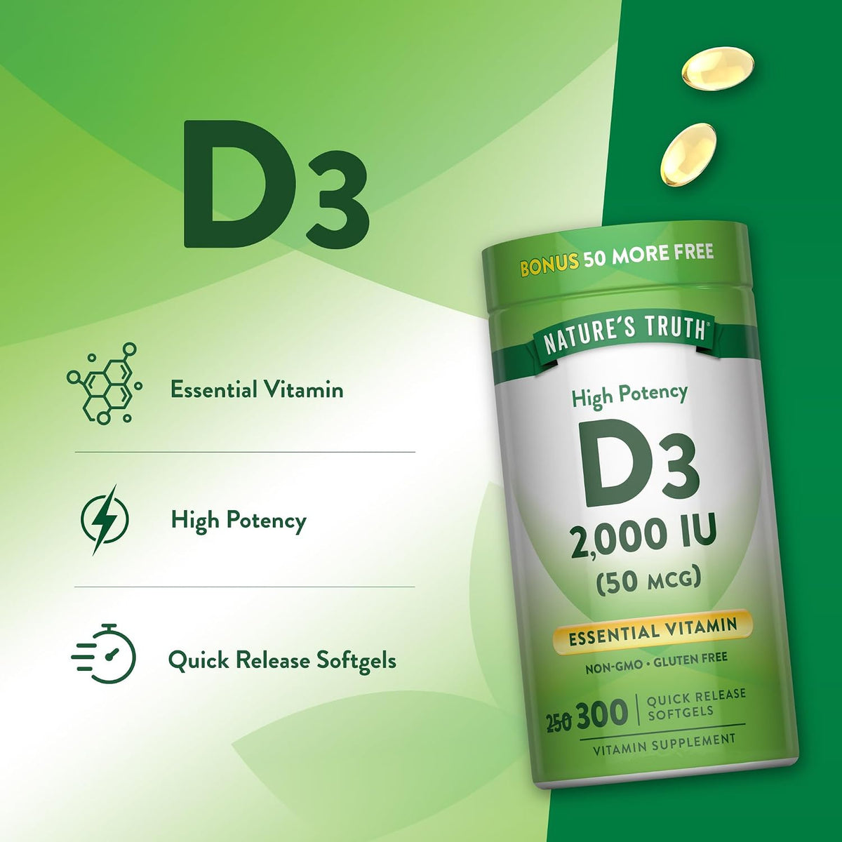 Nature's Truth Vitamin D3 2000 IU | 300 Softgels | High Potency Formula