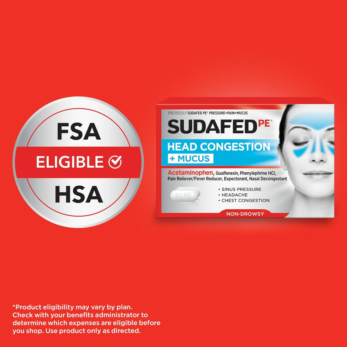 Sudafed PE Head Congestion + Mucus Relief Tablets, Non-Drowsy, 24 Ct