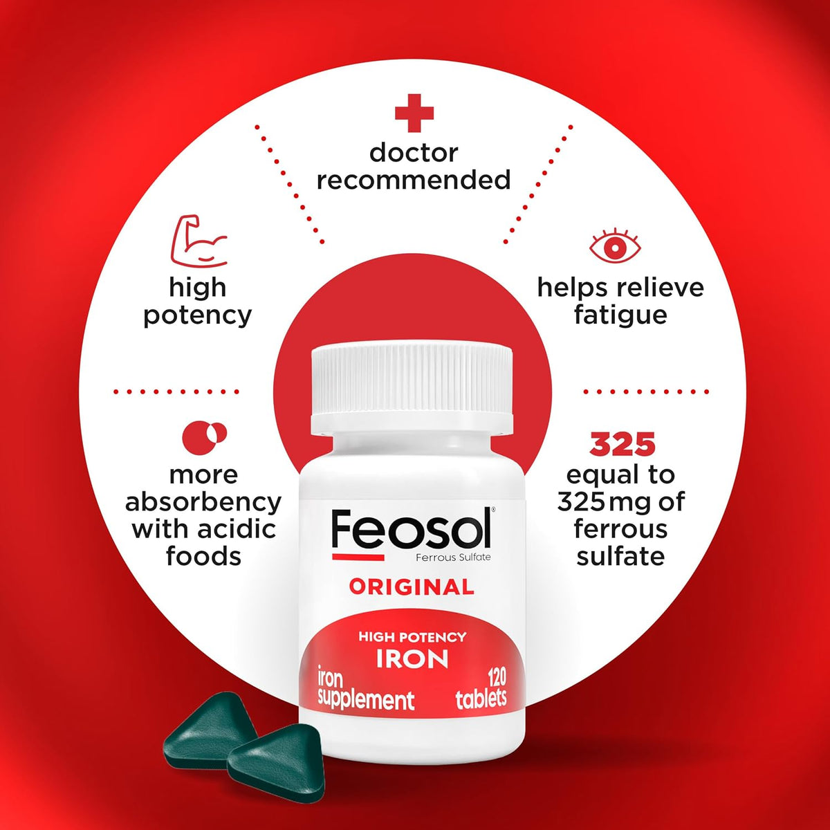 Feosol Original Iron Supplement Tablets, 65mg, 120ct, 4 Month Supply