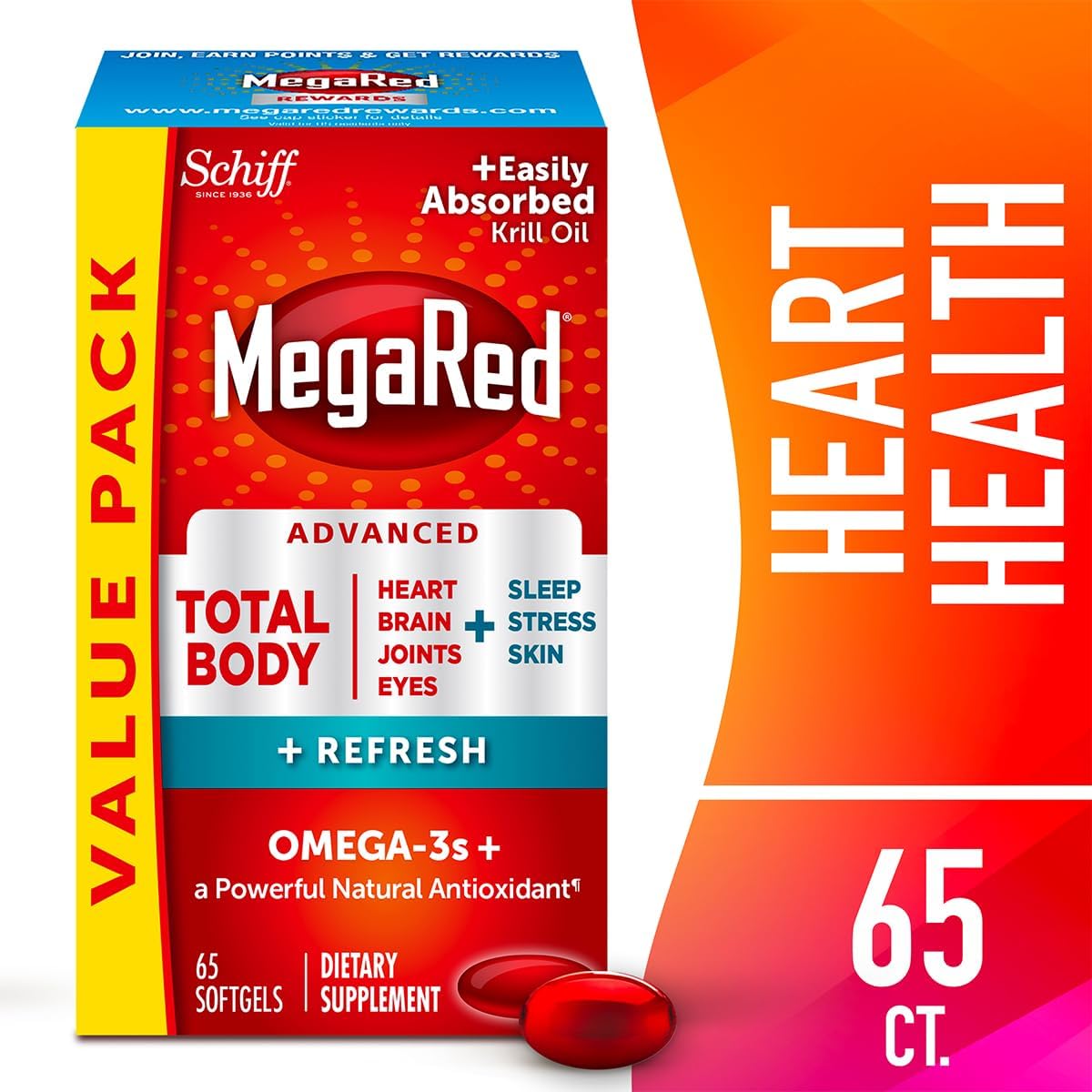 MegaRed Omega-3 Blend Total Body + Refresh 500mg Softgels, (65 Count in a Bottle), Easily Absorbed Krill Oil, to Support Your Heart, Joints, Brain