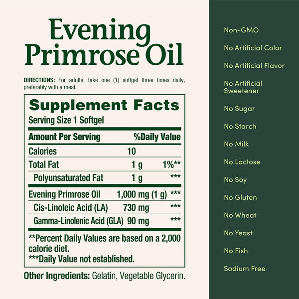 Nature's Bounty Evening Primrose Oil, Cold Pressed, 1000mg, 60 Count