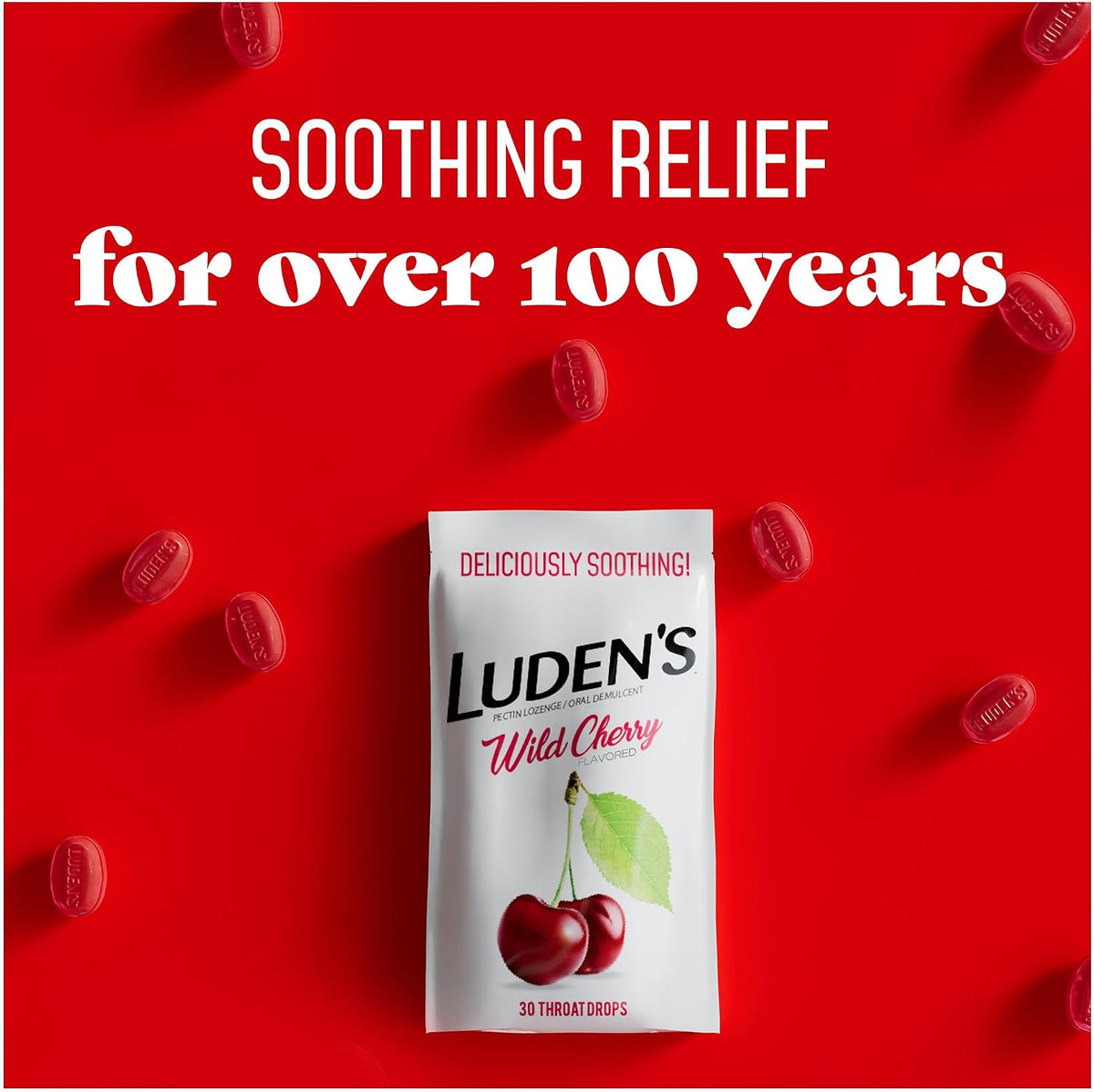 Ludens Sore Throat Drops, for Minor Sore Throat Relief, Wild Cherry, 30 Count