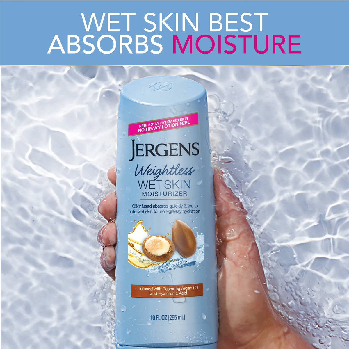Jergens Argan Oil Weightless Wet Skin Body Lotion, Non-Greasy Moisturizer, for Dry Skin, 10 oz
