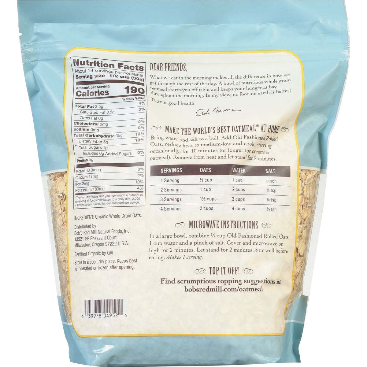 Bob's Red Mill Non-GMO Organic Old Fashioned Rolled Oats 32 oz Bag