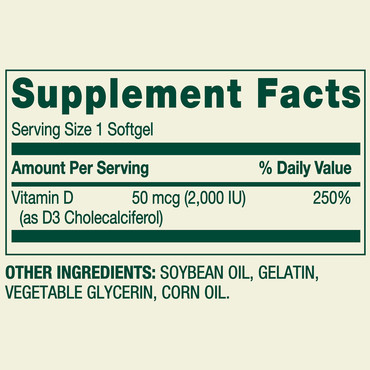 Spring Valley Vitamin D3 Softgels, 50 mcg (2,000 IU), 200 Count, Supplement for Bone and Immune Health