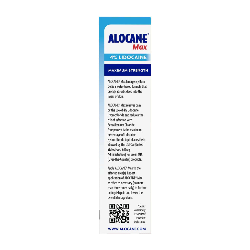 ALOCANE Max Maximum Strength Burn Gel with Antiseptic, 4% Lidocaine, Fast Pain Itch Relief, First Aid Treatment 2.5 fl oz