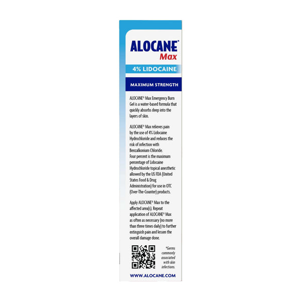 ALOCANE Max Maximum Strength Burn Gel with Antiseptic, 4% Lidocaine, Fast Pain Itch Relief, First Aid Treatment 2.5 fl oz