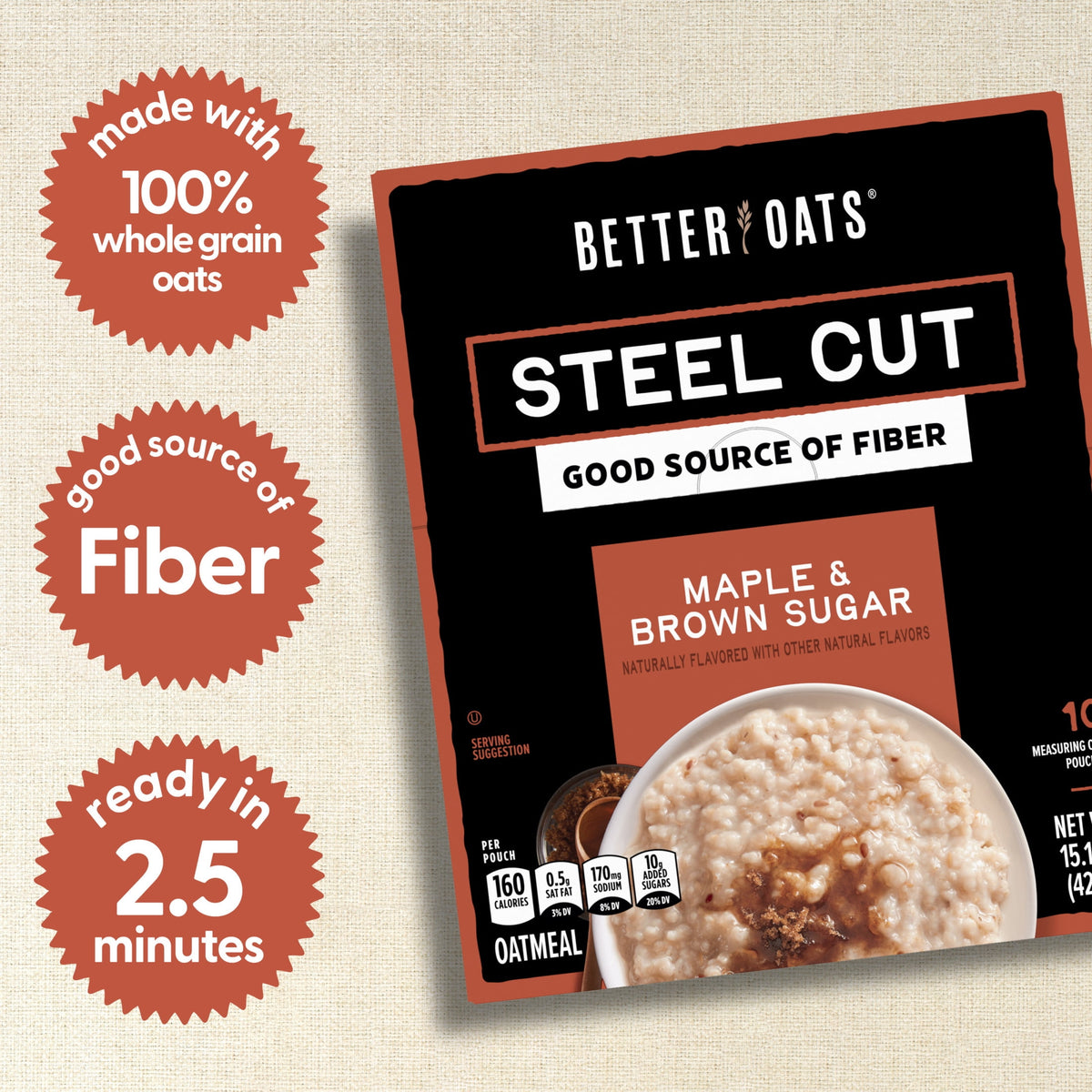 Better Oats Maple & Brown Sugar Steel Cut Oatmeal, 10 Packets, 15.1 oz