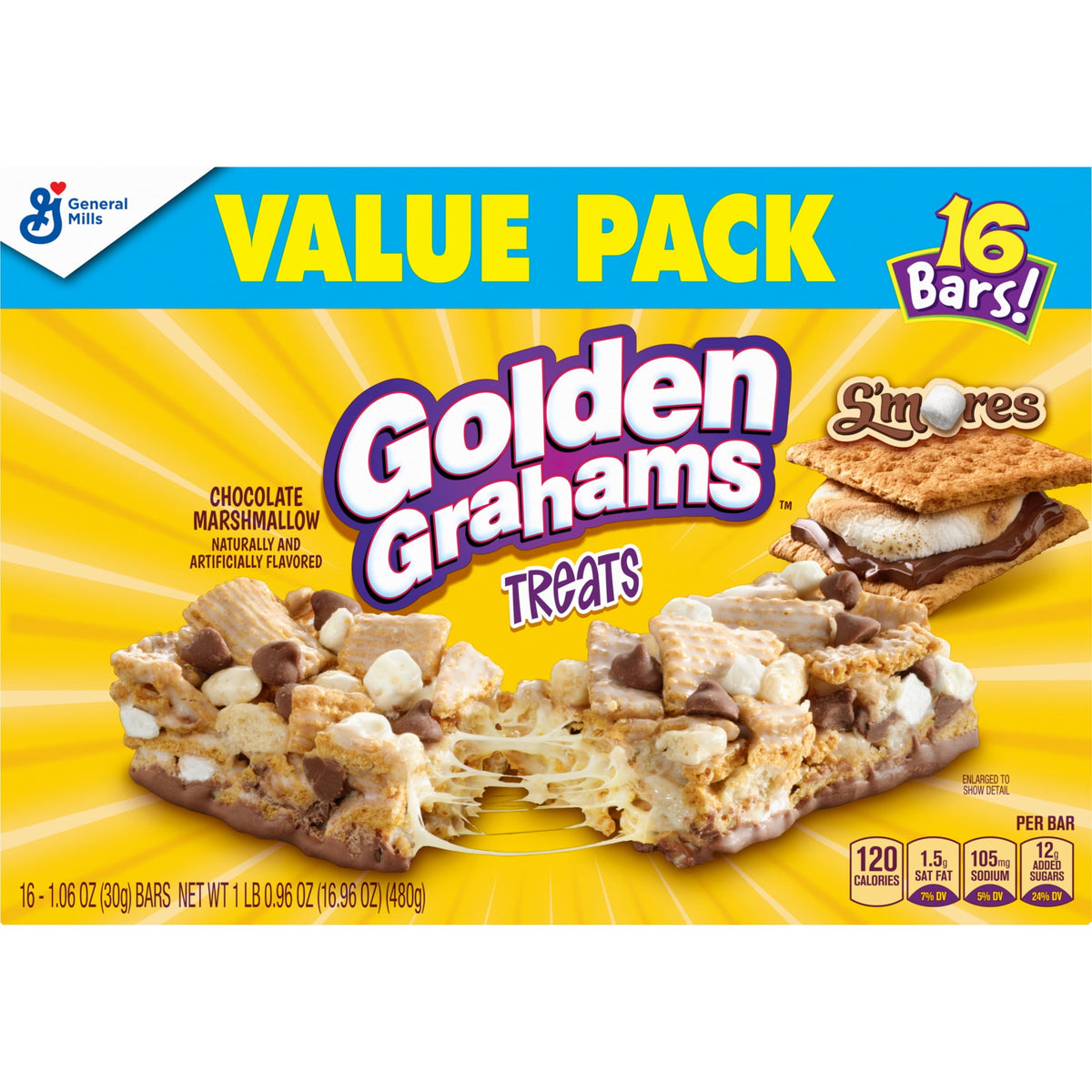 Golden Grahams Cereal Treat Bars, S'mores, Snack Bars, Value Pack, 16 Count, 16.96 oz