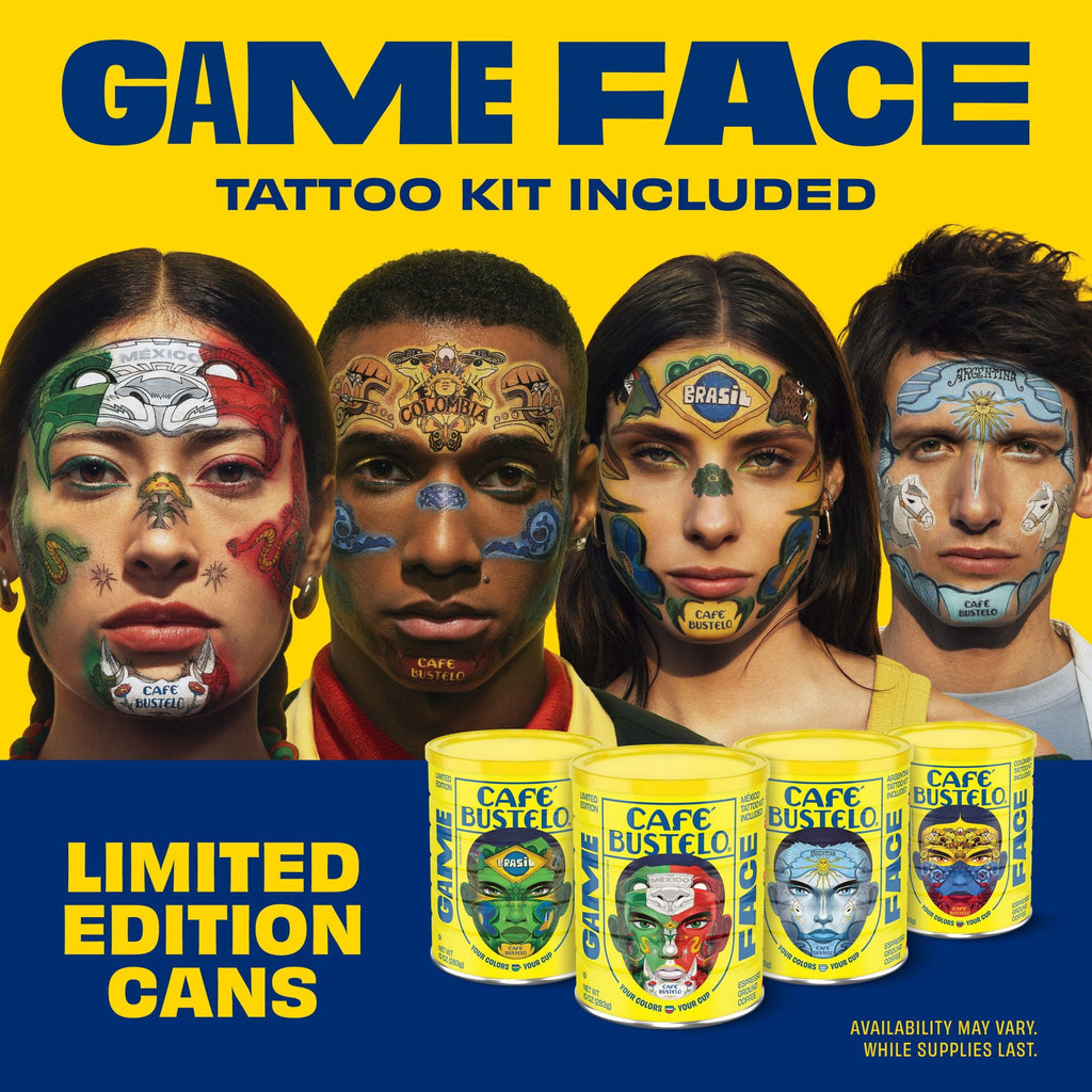 Cafe Bustelo Espresso Style Dark Roast Ground Coffee, Limited Edition Game Face Design, Tattoo Kit Included, 10 oz Can