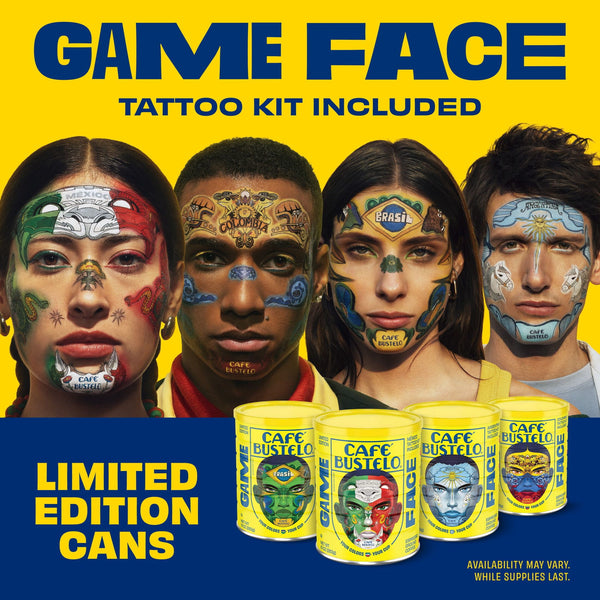 Cafe Bustelo Espresso Style Dark Roast Ground Coffee, Limited Edition Game Face Design, Tattoo Kit Included, 10 oz Can