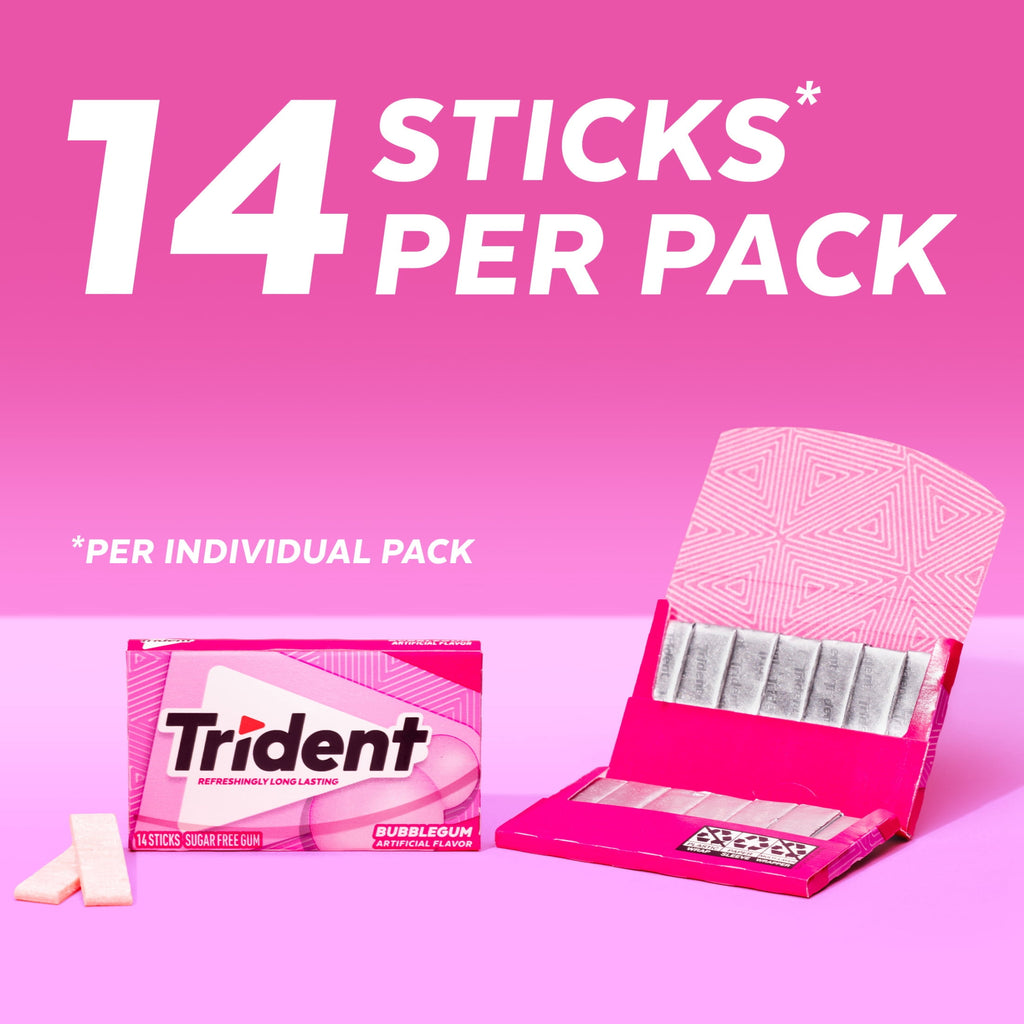 Trident Sugar Free Gum, Bubblegum, 3 Packs of 14 Pieces (42 Total Pieces)