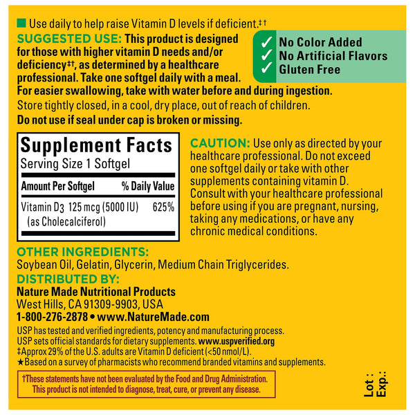 Nature Made Extra Strength Vitamin D3 5000 IU (125 mcg) Softgels, Dietary Supplement, 100 Count