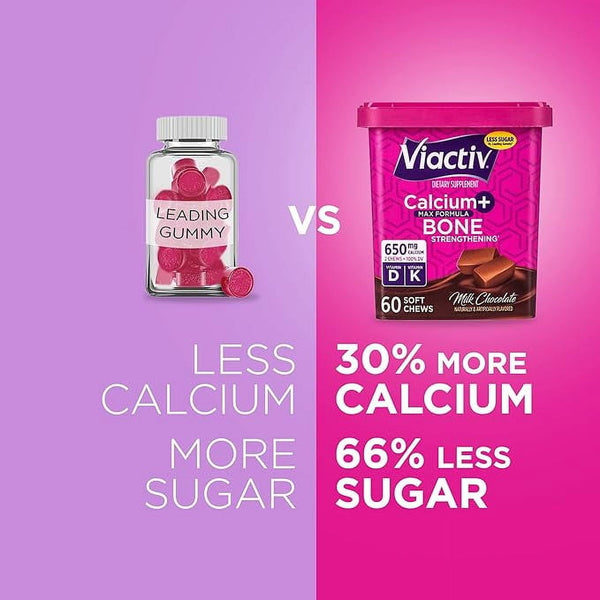 Viactiv Calcium + Vitamin D3 Supplement Soft Chews, Milk Chocolate, Calcium for Bone Health, 100 Count