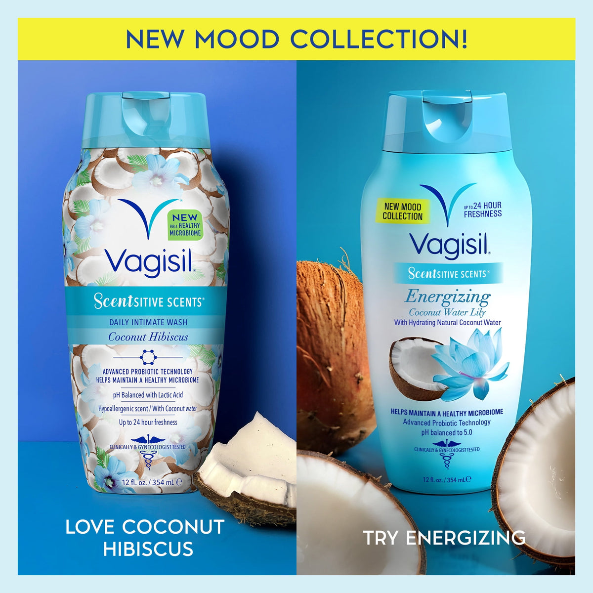 Vagisil Feminine Wash for Intimate Area Hygiene, Scentsitive Scents, pH Balanced and Gynecologist Tested, Energizing Coconut Water Lily, 12 fl oz